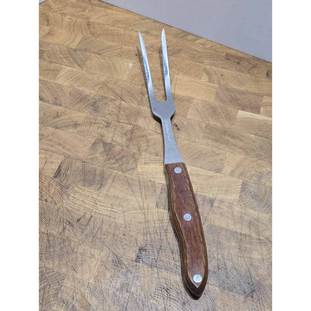 Interpur Carving Serving Fork Two Tine Wood Handle Full Tang VTG Japan